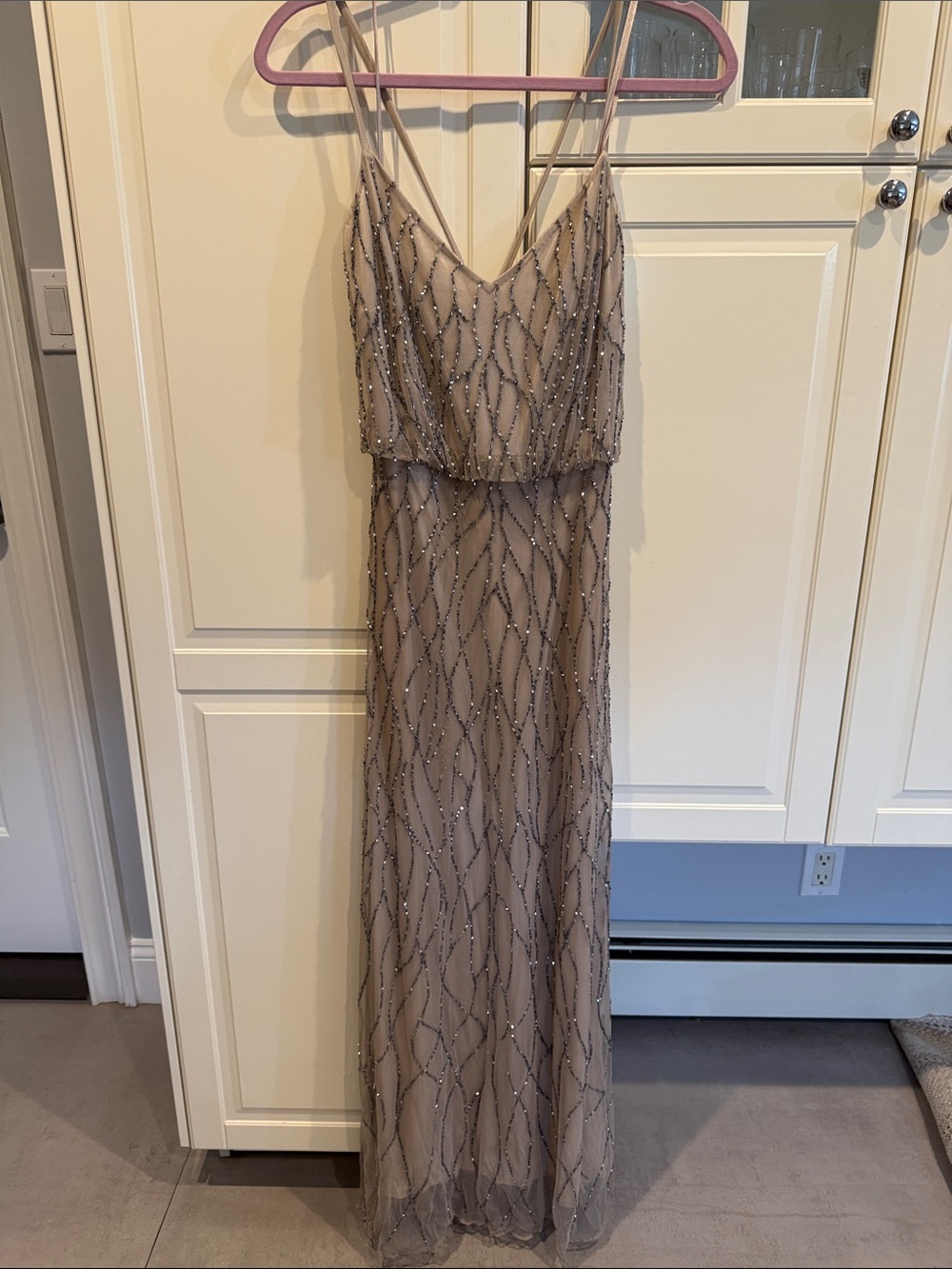 Adrianna Papell Taupe Beaded V-Neck Spaghetti Strap Gown